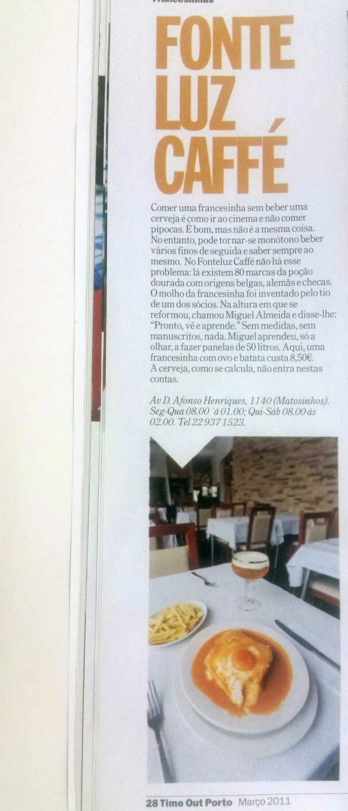 Artigo da revista Time Out sobre as melhores restaurantes de francesinhas na região portuense